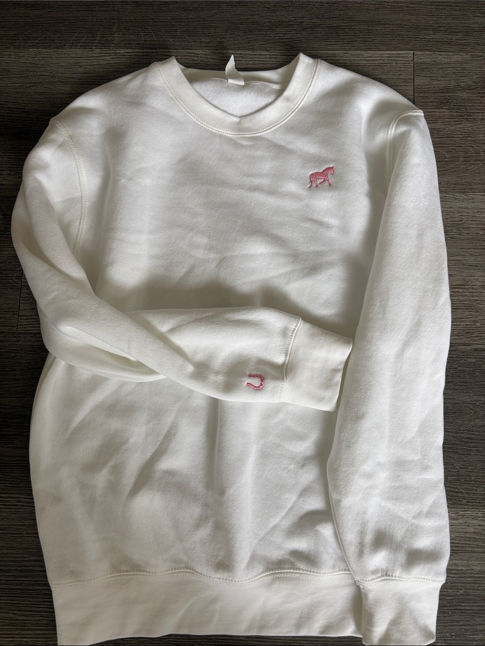 White Crewneck Sweatshirt with Pink Horse Embroidery